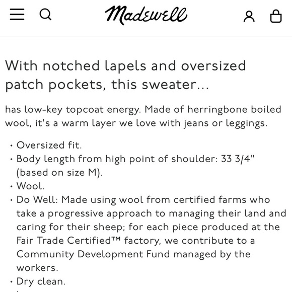 NWT MADEWELL Herringbone Courton Sweater OVERSIZED Coat Grey Size XXS. - Picture 8 of 8